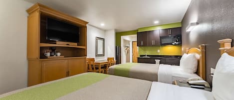 Desk, laptop workspace, free WiFi, bed sheets