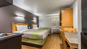 Desk, laptop workspace, free WiFi, bed sheets