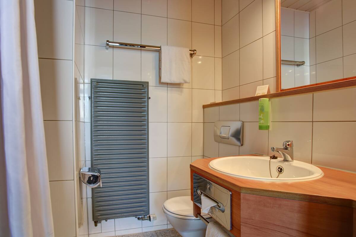 standard single room | bathroom | shower, hair dryer, towels