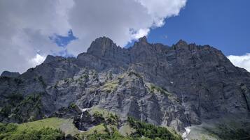 Un paysage de montagne caractérisé par un sommet rocheux imposant, une cascade et une végétation luxuriante.
