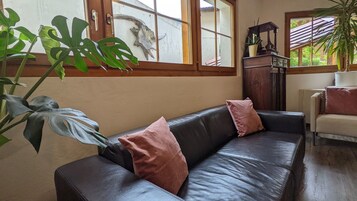 Una sala de estar con un sofá de cuero, dos cojines rosas, un aparador de madera y una planta en maceta.