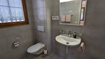 A bathroom with a toilet, sink, and mirror.