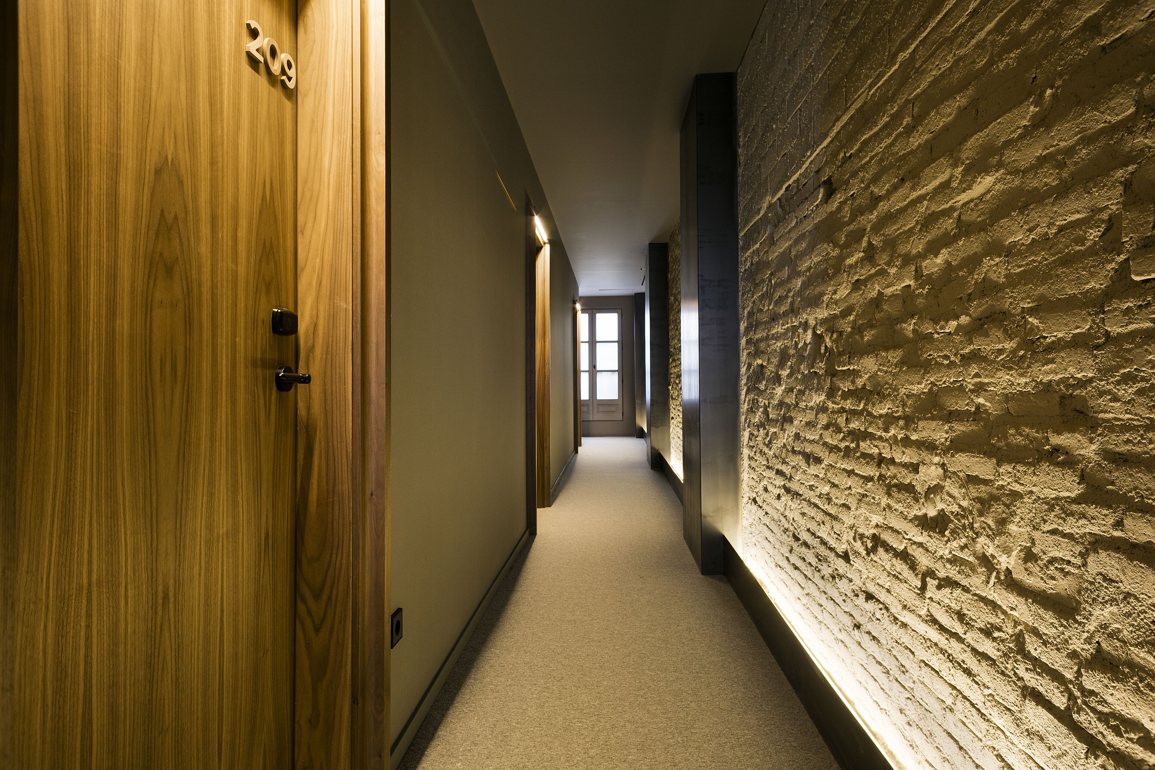 A hallway with a wooden door labeled "209", a textured wall, and a carpeted floor.