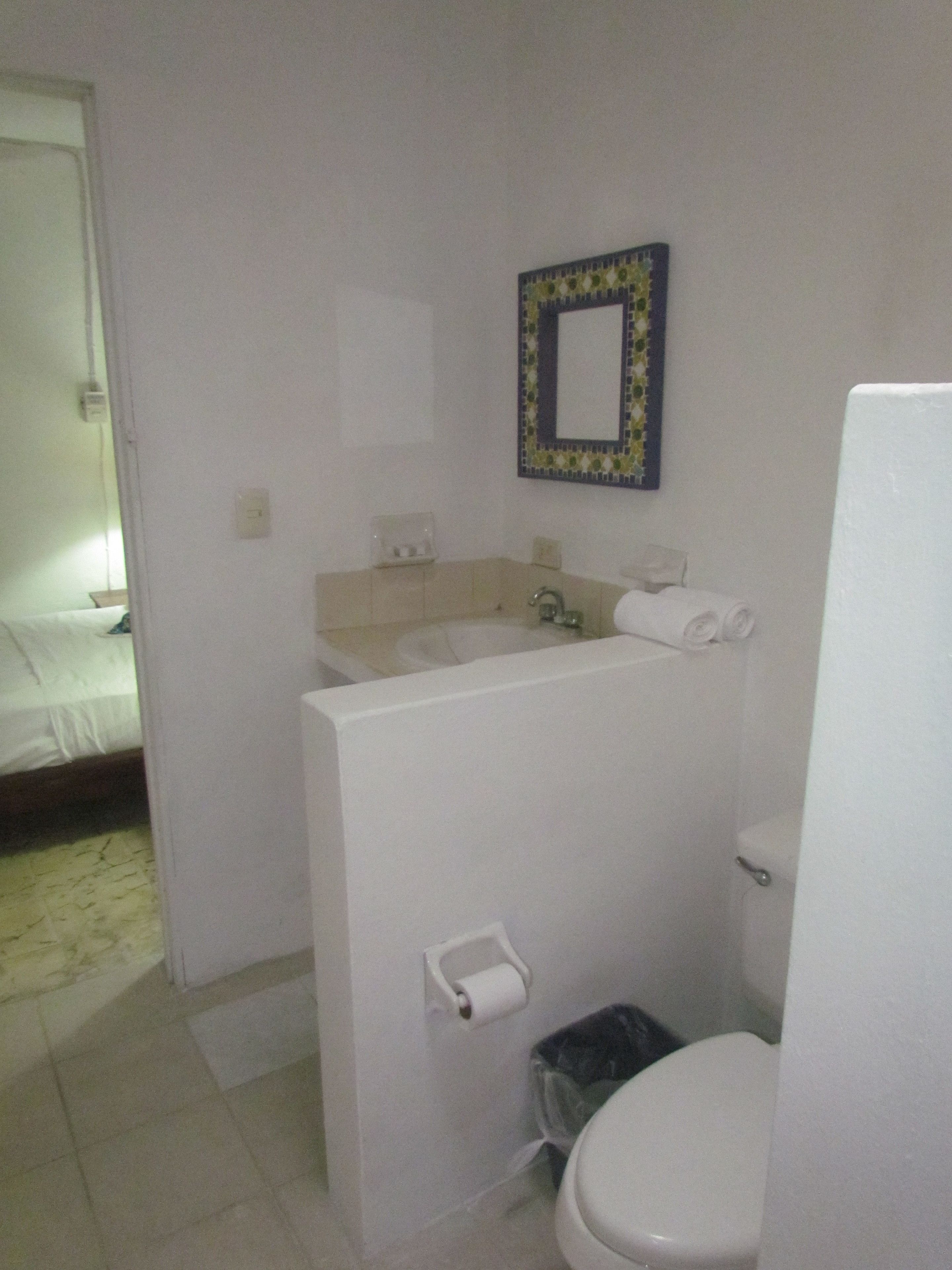 A small bathroom with a toilet, sink, and a mirror.