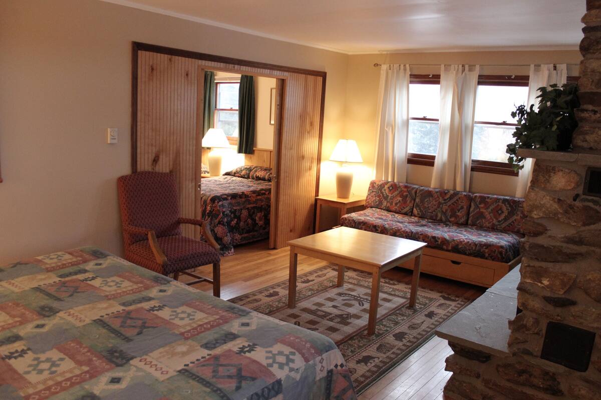Ein gemütliches Zimmer mit Bett, Sofa, Sessel, Tisch und Kamin.