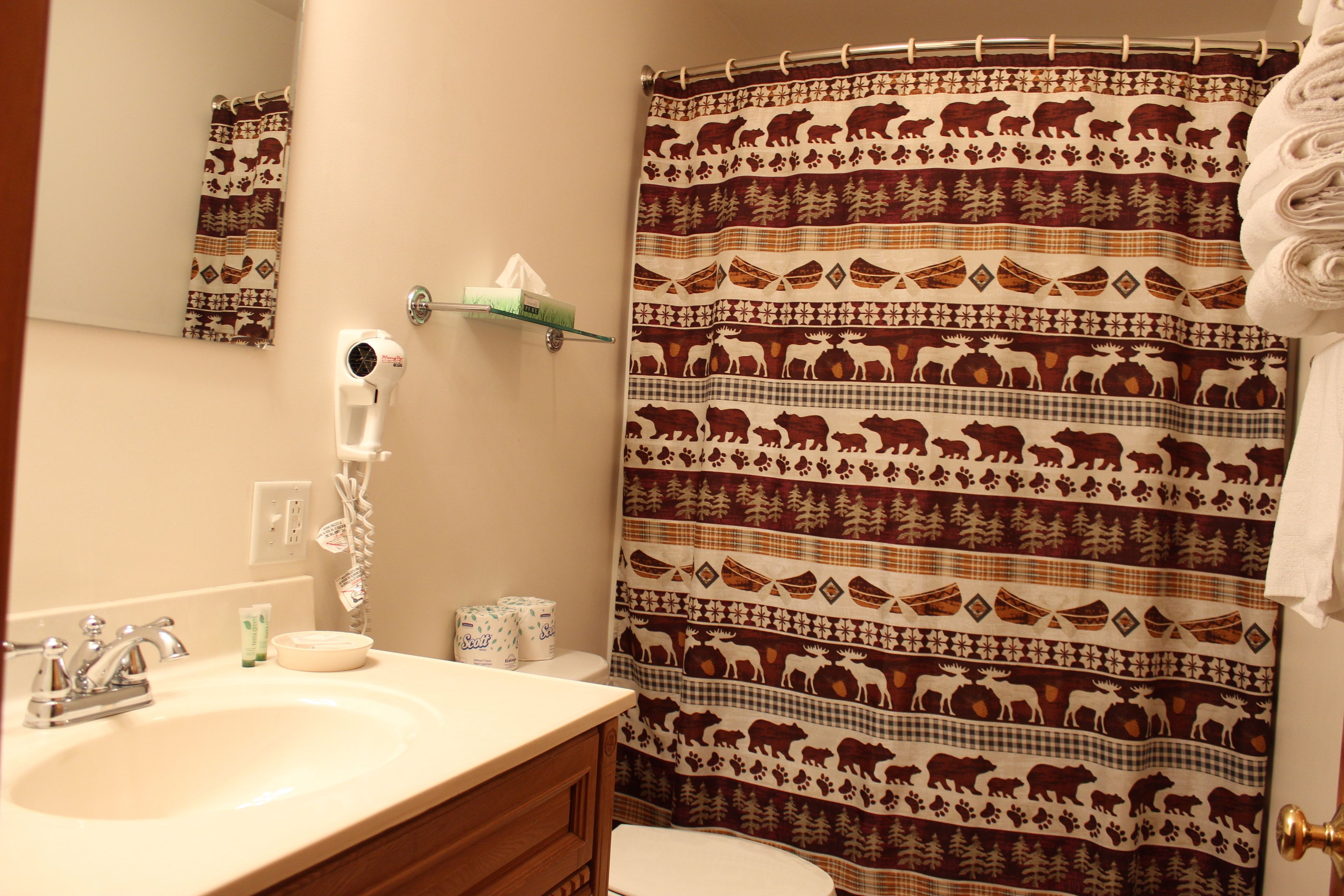 combined shower/bathtub, free toiletries, hair dryer, towels