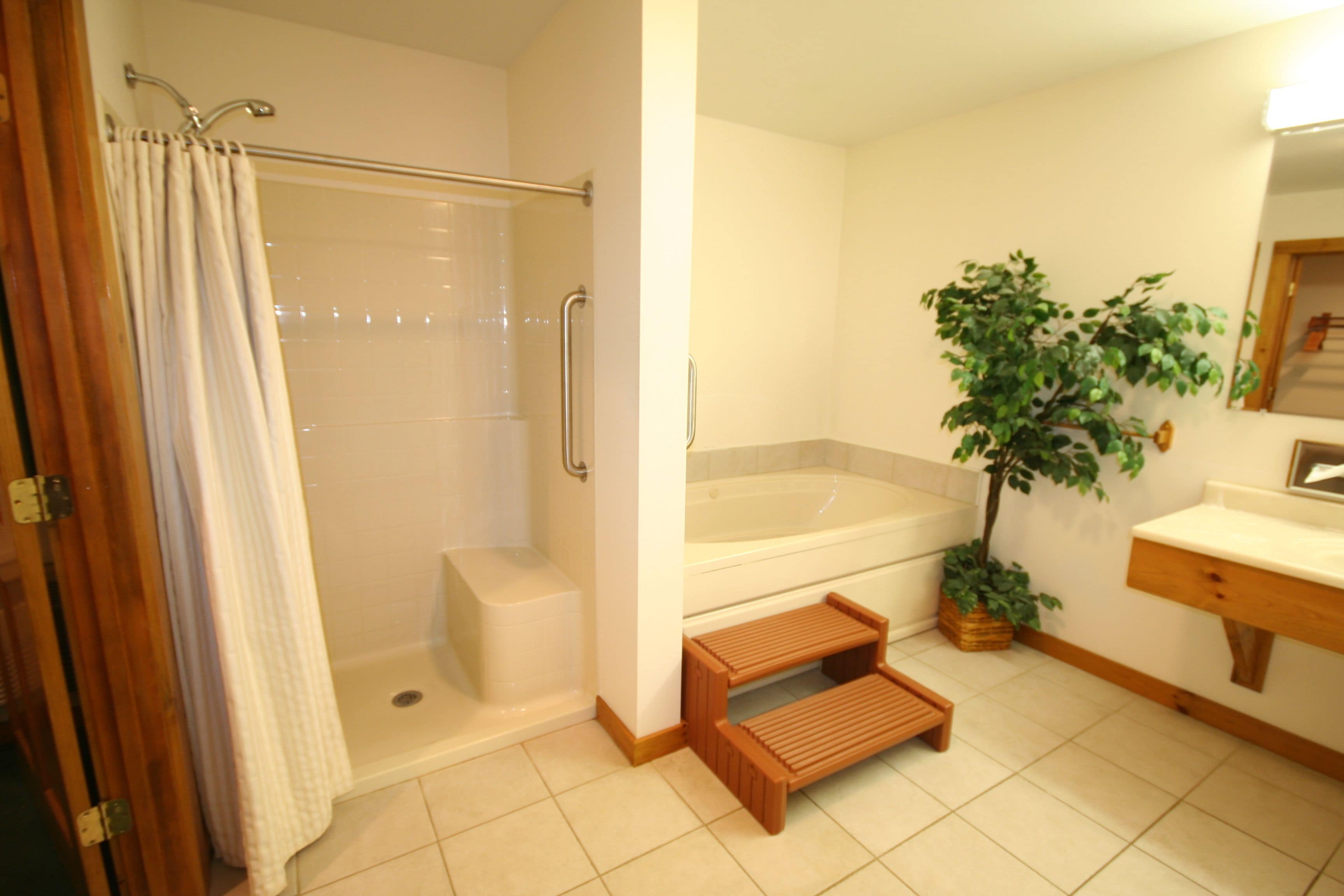 combined shower/bathtub, free toiletries, hair dryer, towels