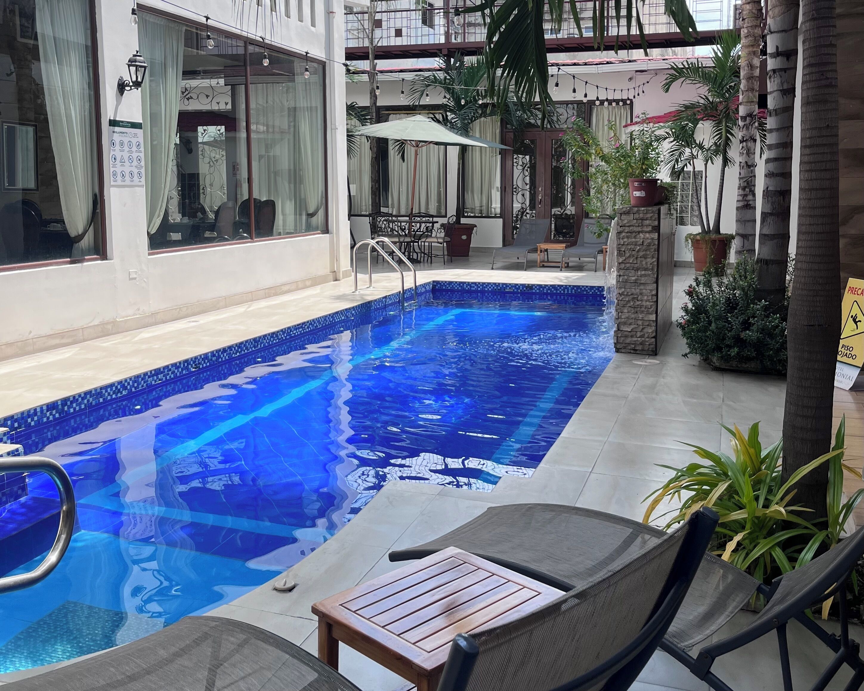 outdoor pool, pool loungers