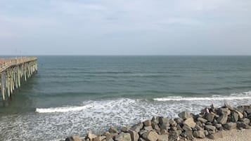 On the beach, sun loungers