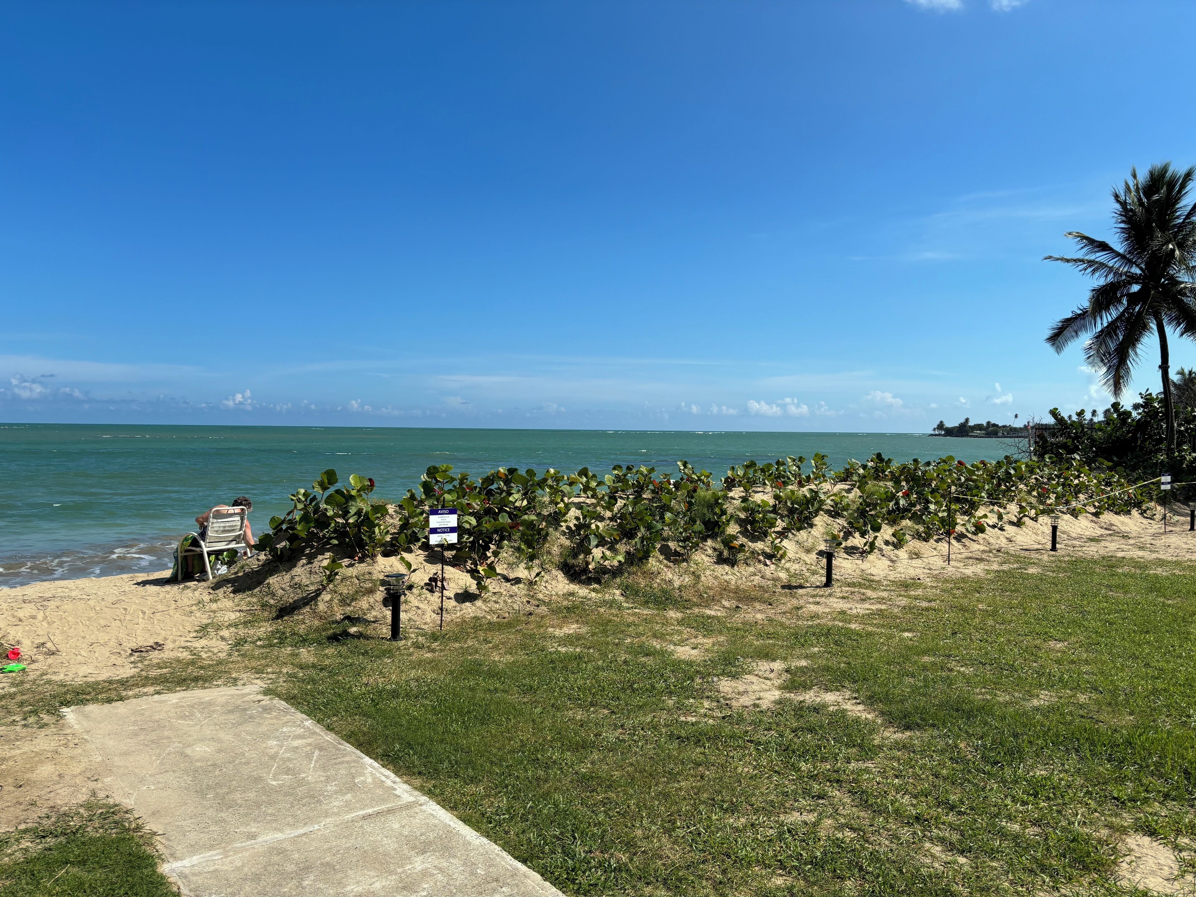 A beach with a clear view of the ocean, a pathway leading to the beach, and a sign indicating a notice area.