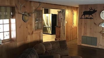 Flat-screen TV, fireplace, books