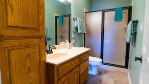 Combined shower/bathtub, hair dryer, towels, soap