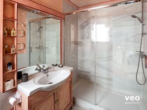 Shower, hair dryer, towels