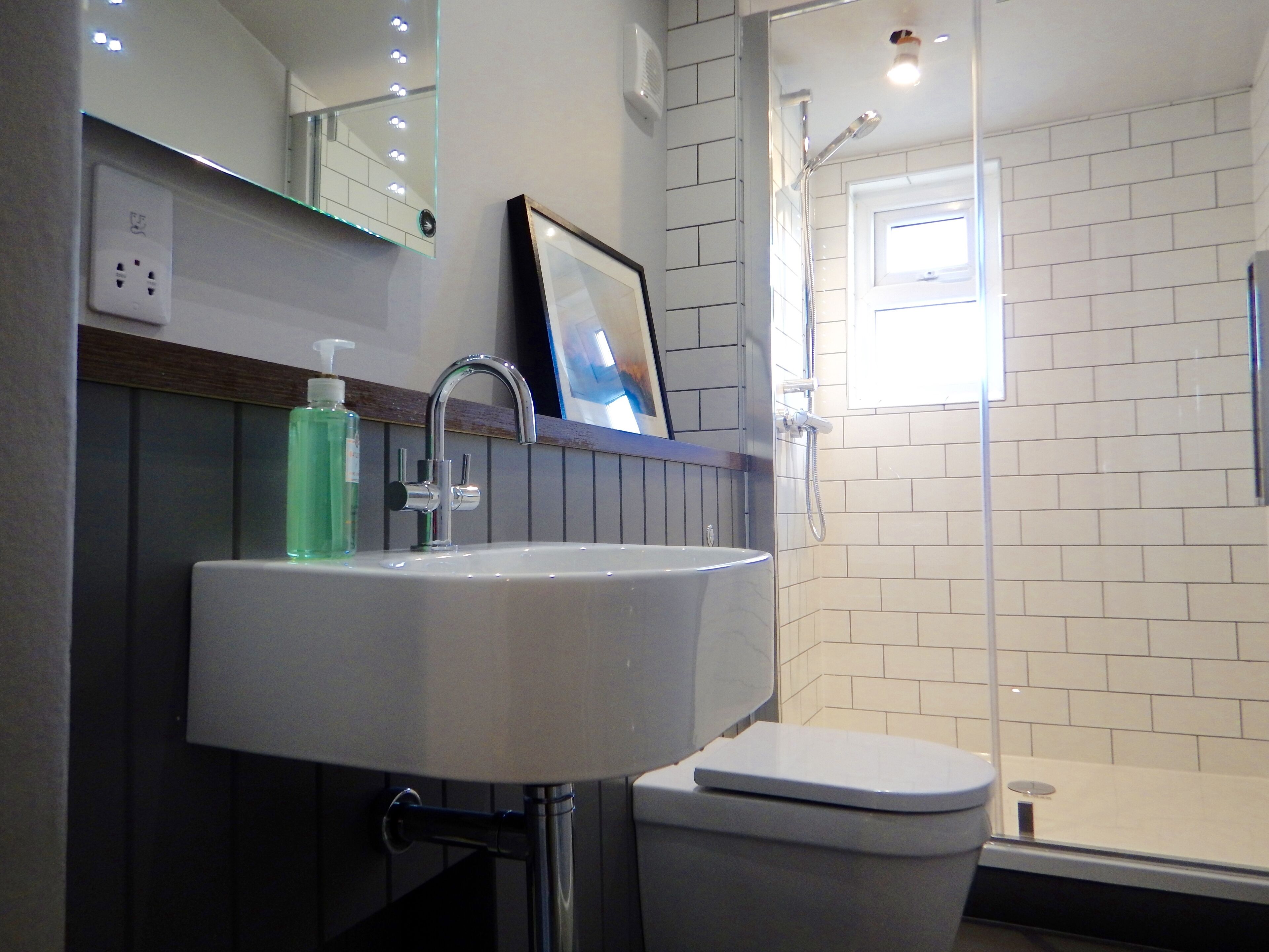 A bathroom with a white sink, a framed picture above it, a mirror, a shower, and a toilet.