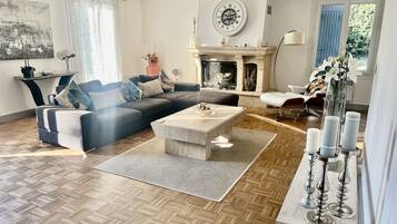 Smart TV, fireplace, DVD player, books