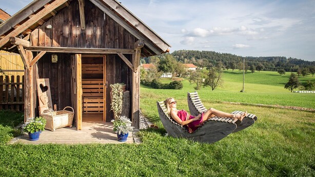 Una cabaña de madera con un porche, una hamaca y vistas a un campo verde.