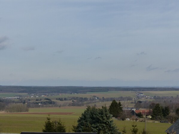 A rural landscape with fields, trees, and distant buildings.