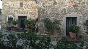 Un bâtiment en pierre doté de nombreuses fenêtres et portes, entouré de plantes en pot.