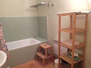 Bathtub, hair dryer, towels, toilet paper