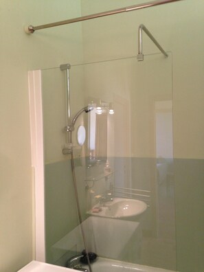 Bathtub, hair dryer, towels, toilet paper
