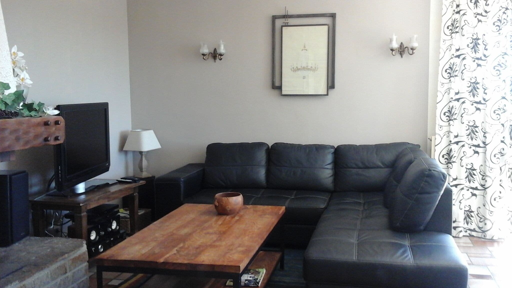 Télévision, cheminée, lecteur de DVD, livres