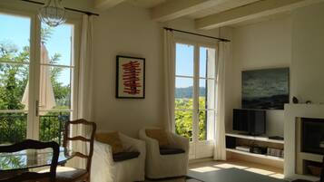 Fernseher, Kamin, DVD-Player, Bücher