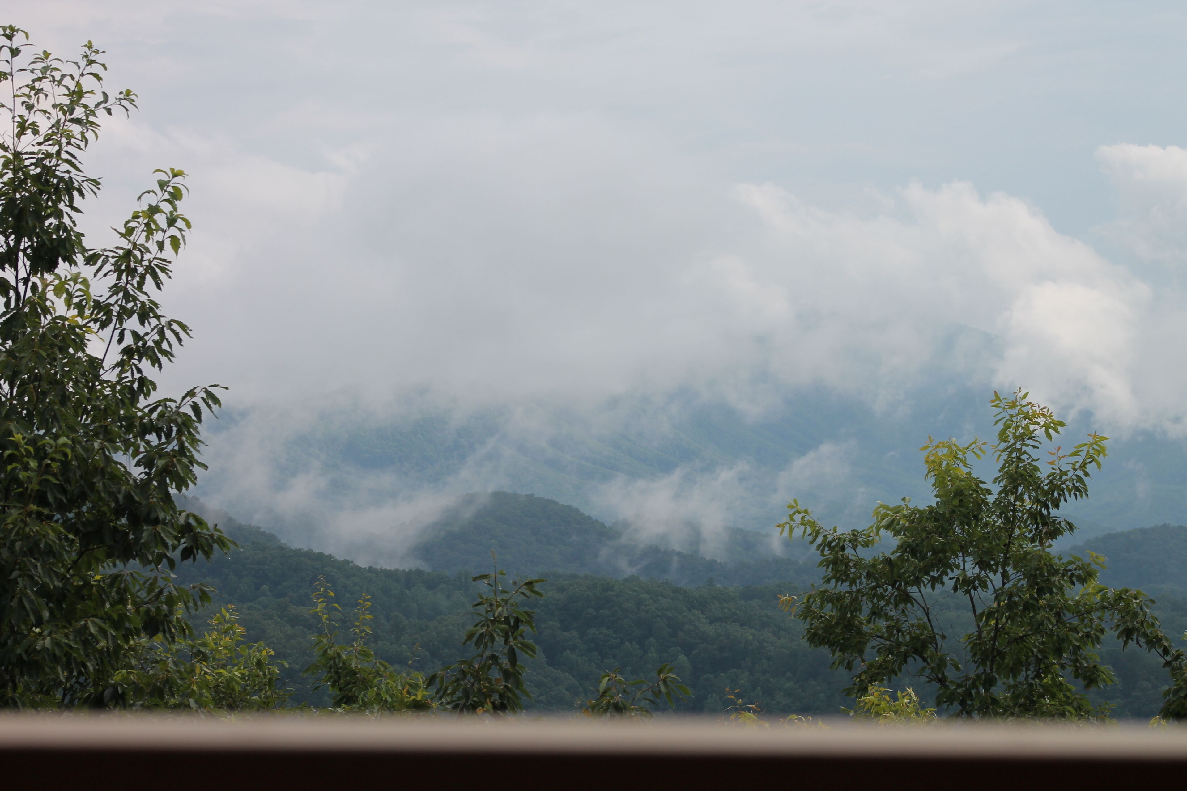 A view of a mountainous landscape with dense vegetation and clouds.