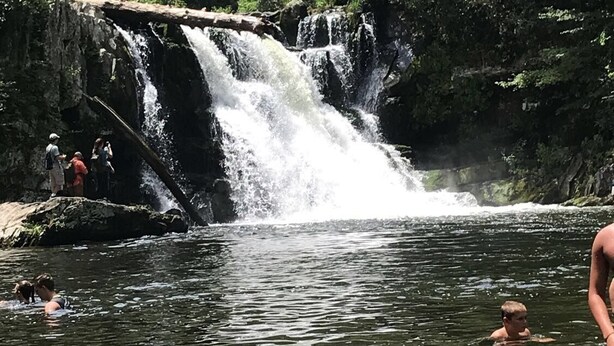 Uma cascata numa área arborizada, com pessoas nadando e paradas perto.