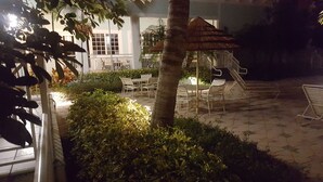 An outdoor seating area with tables and chairs, surrounded by greenery and a palm tree.