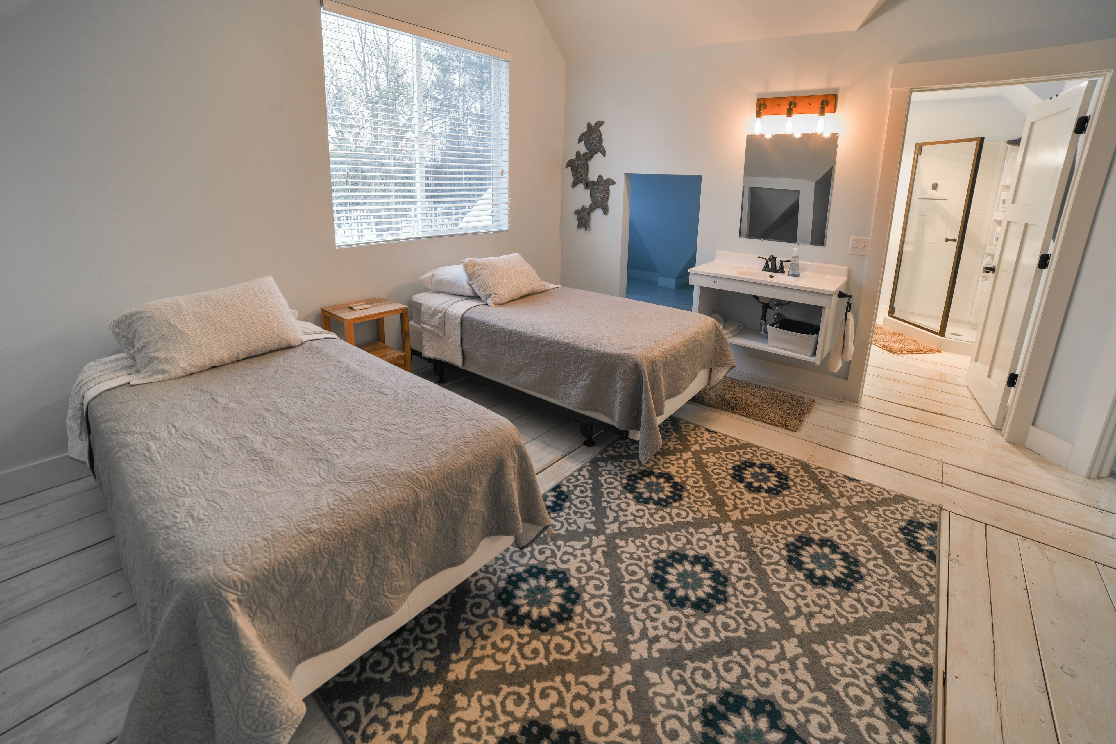 Une chambre avec deux lits, une fenêtre, une salle de bain avec douche et un tapis à motifs.