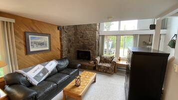 Tv, eldstad, dvd-spelare och en stereo