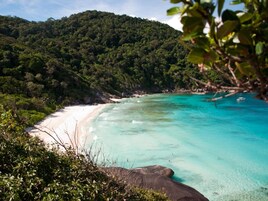 Una playa con agua turquesa cristalina, arena blanca y colinas verdes exuberantes al fondo.