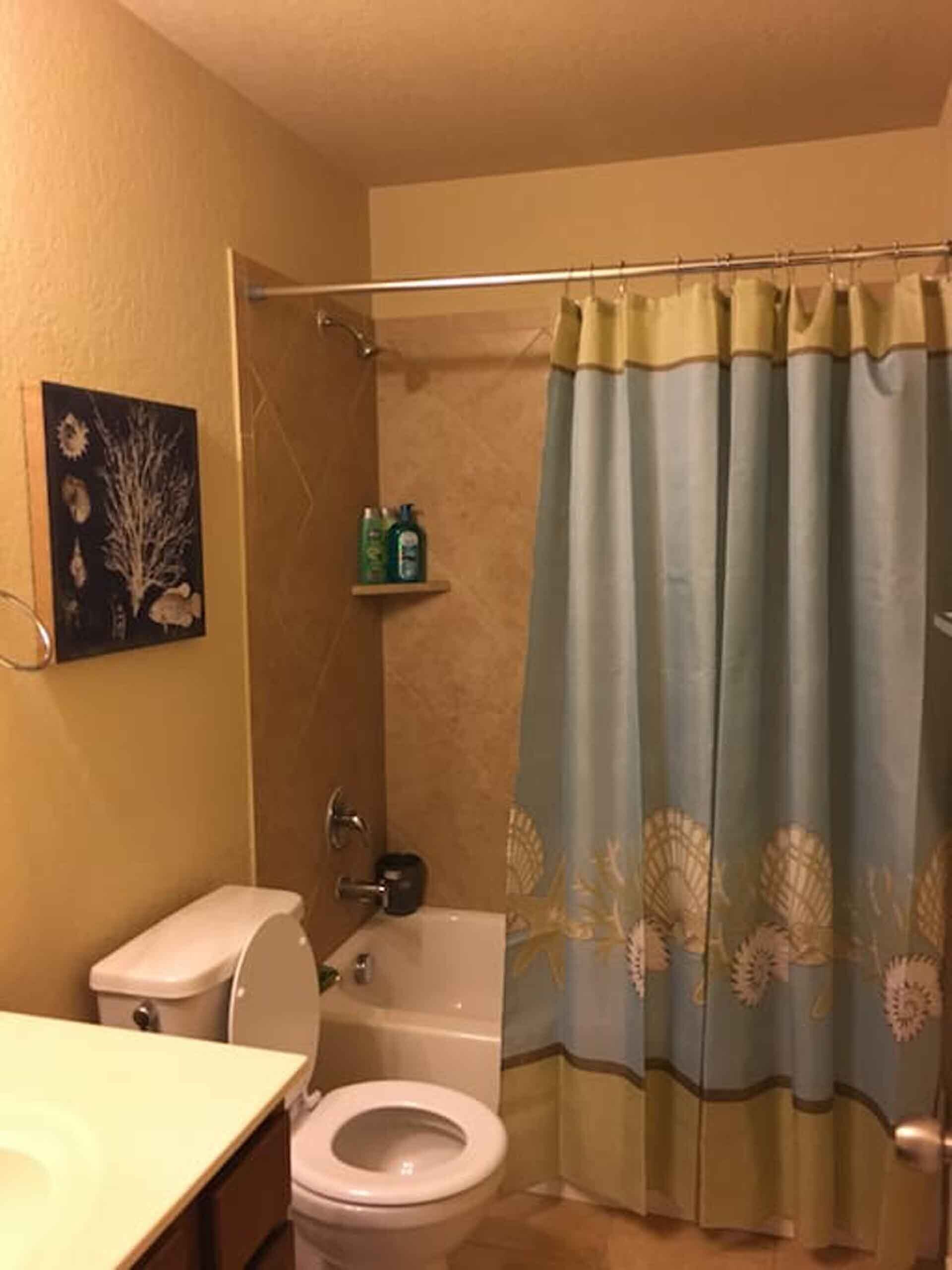Une salle de bain avec des toilettes, un lavabo et un rideau de douche.