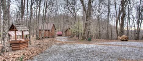 A gravel path leading to a rustic cabin area surrounded by trees.