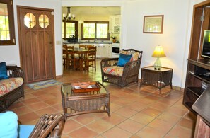 Flat-screen TV, DVD player, music library, video library