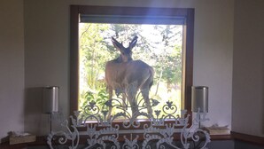 A room with a bed, a decorative metal headboard, two wall-mounted lamps, and a window with a deer sculpture.