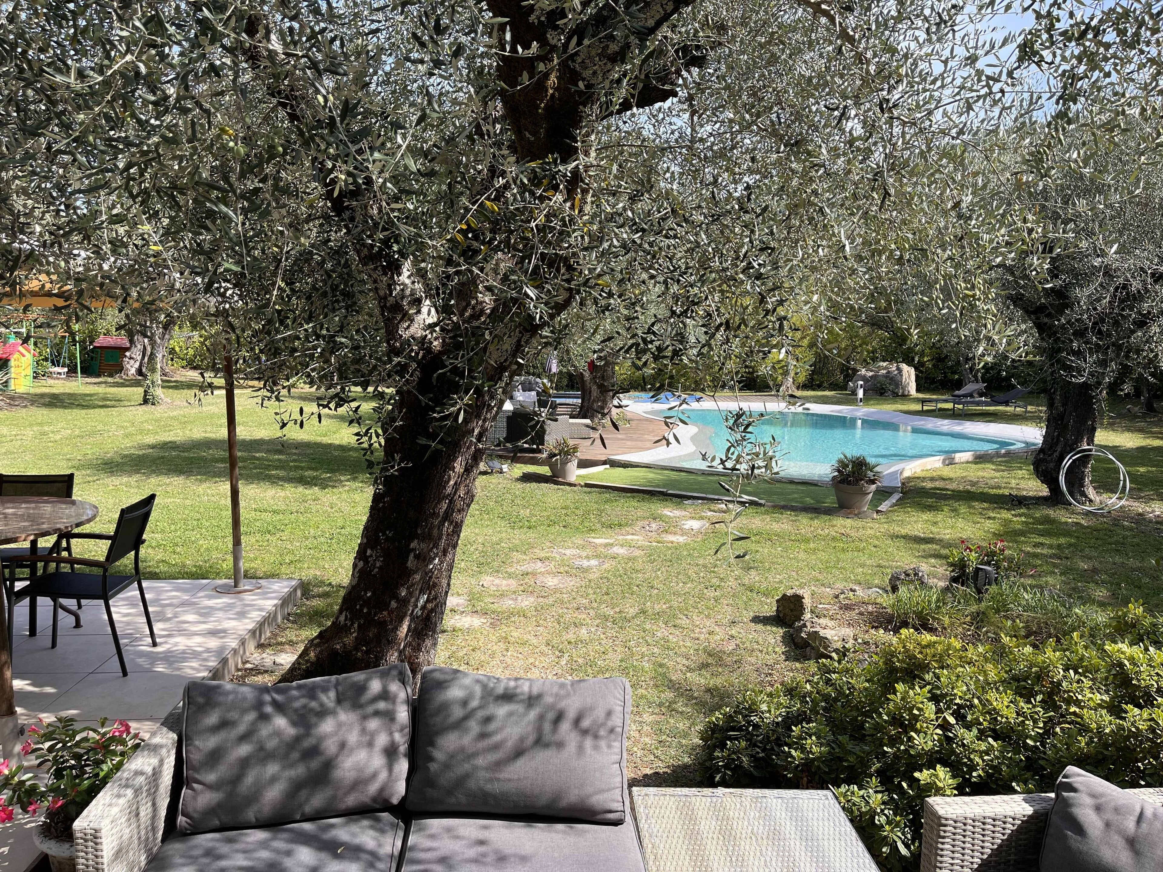 Un espace aménagé au bord de la piscine, comprenant un fauteuil de relaxation, une table à manger et une vue sur une piscine entourée de verdure.