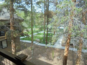 A view of a forested area with a pathway, a wooden bench, and a stone structure. - Beautifully Updated - 2 Story, 2 Bed + 2 Bath Condo, Pool, HotTub (Keystone)