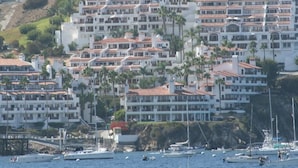A coastal residential area with multi-story buildings, a marina with boats, and palm trees. - MAGNIFICENT OCEAN VIEW Hamilton Cove Condo With Golf Cart Included. (Avalon)