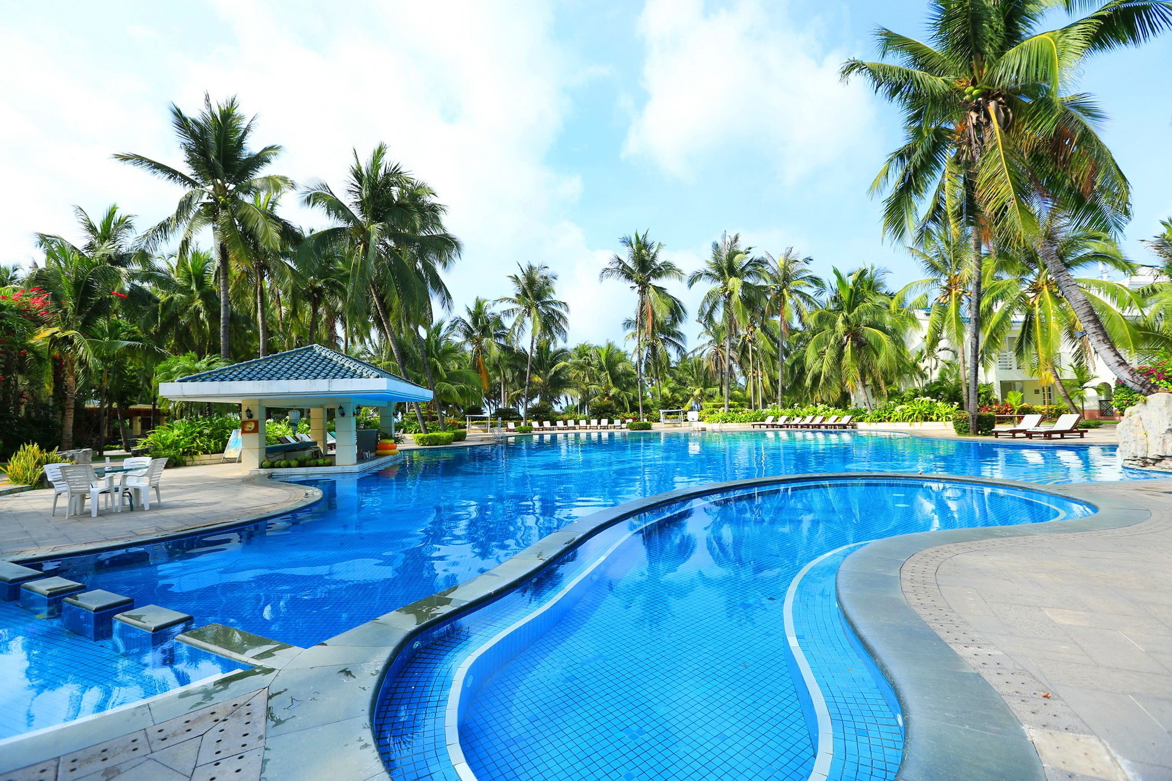 Ein Pool mit geschwungener Form, umgeben von Palmen und Liegestühlen.