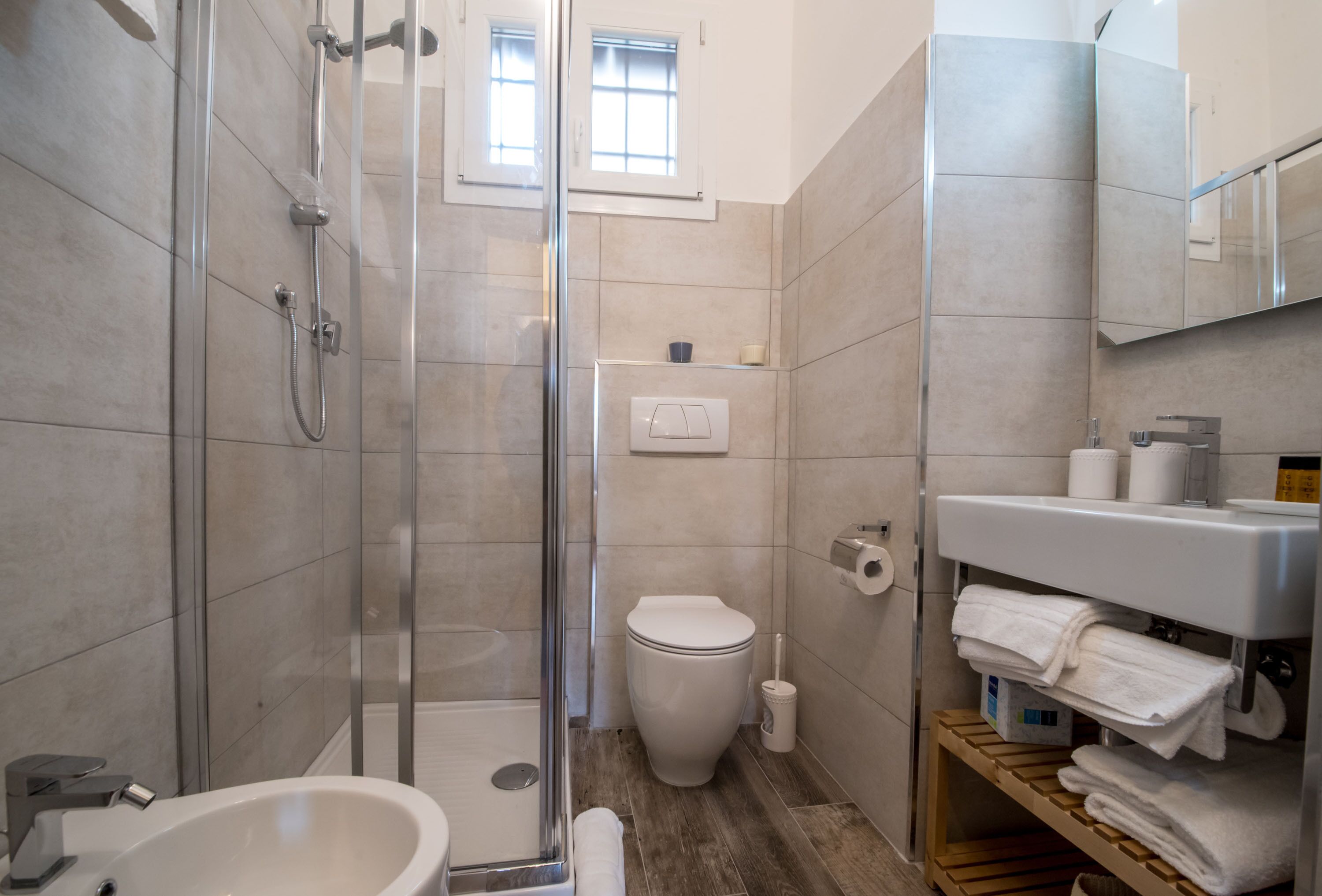 Shower, hair dryer, bidet, towels