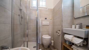 Shower, hair dryer, bidet, towels