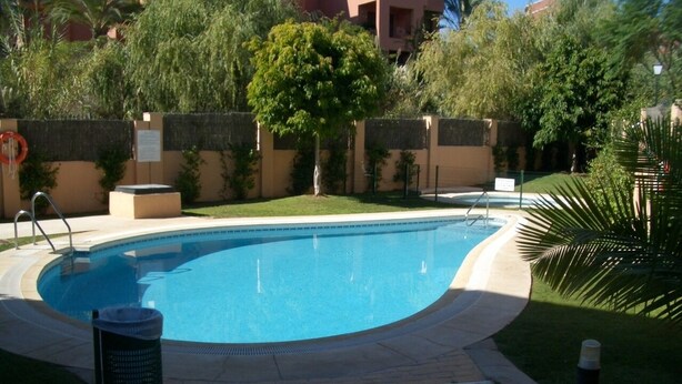 Une piscine à bord incurvé, entourée d’un chemin en briques et d’une zone herbeuse.