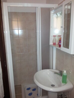 Een douche, een haardroger, handdoeken, toiletpapier