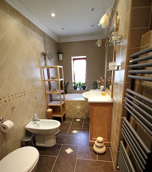 Bathtub, hair dryer, bidet, towels