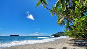 On the beach, sun-loungers, beach towels