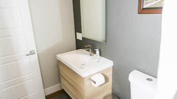 Combined shower/tub, hair dryer, towels, soap