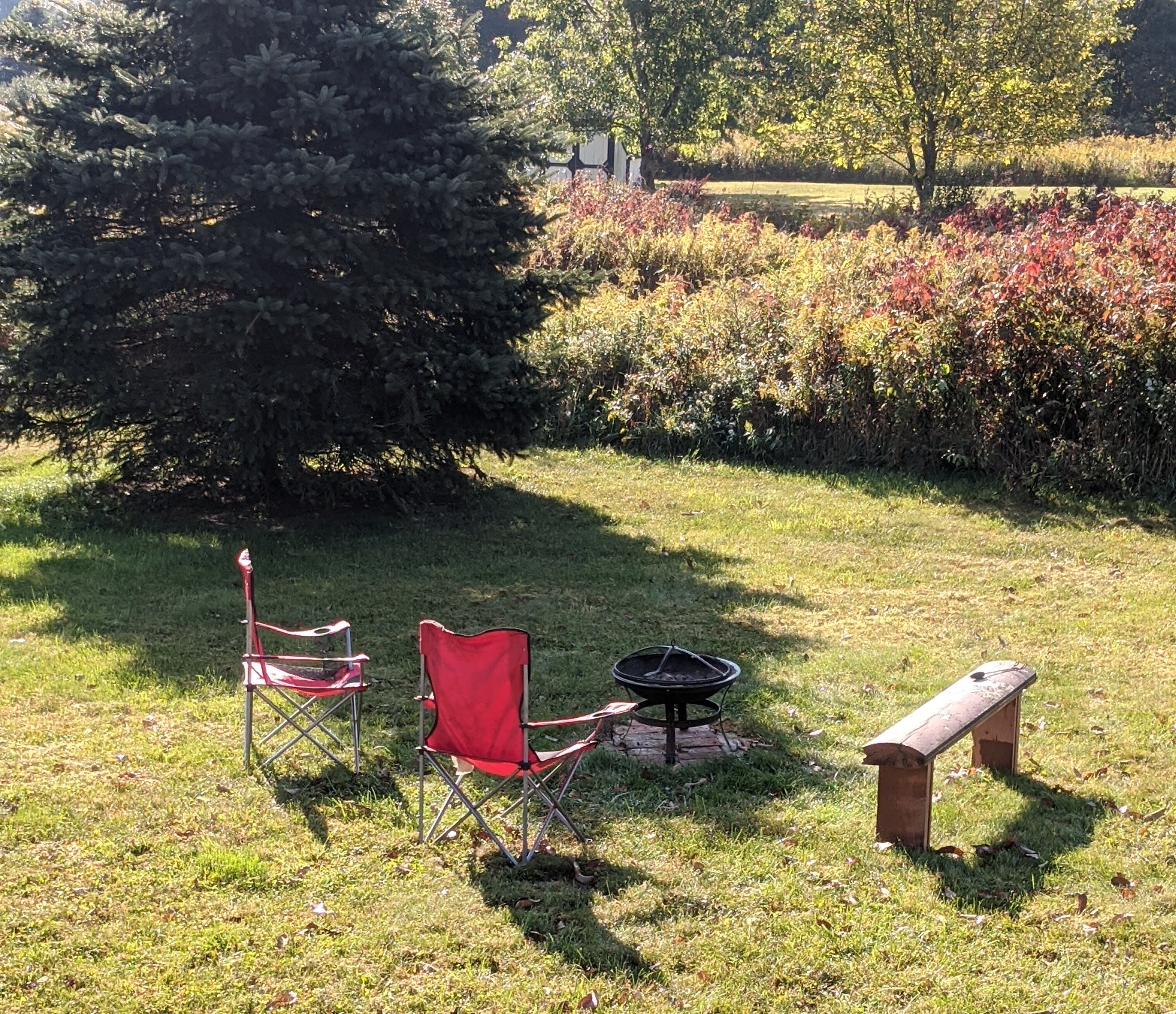 Un espace extérieur verdoyant avec un banc, deux chaises pliantes rouges et un petit foyer.