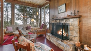 Fireplace, books, music library, stereo