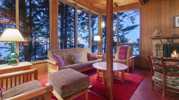 Fireplace, books, music library, stereo